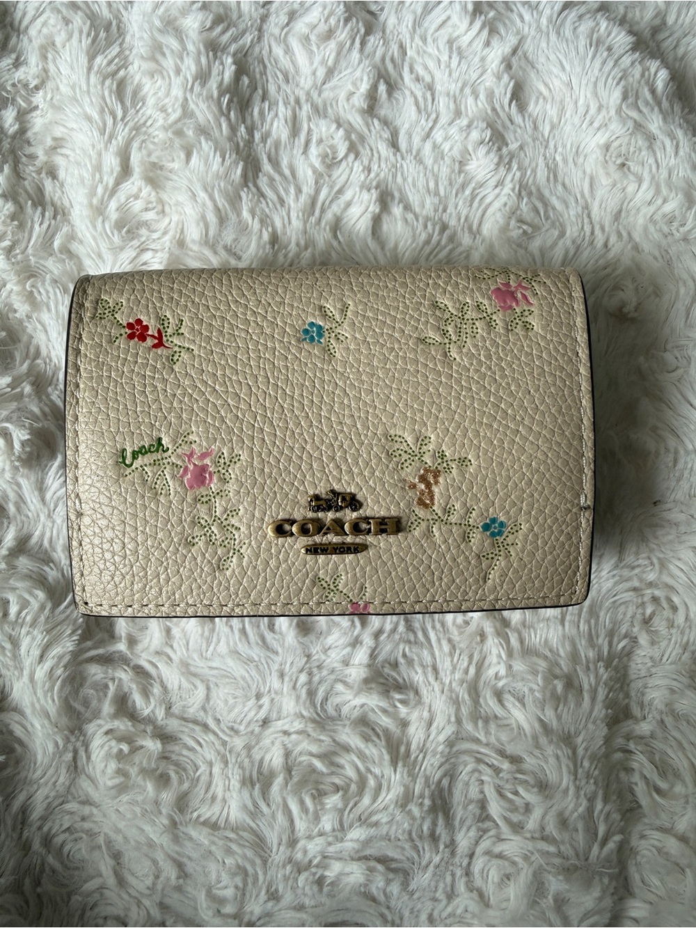 Coach Cream Floral Pebbled Leather Wallet with Gold Logo